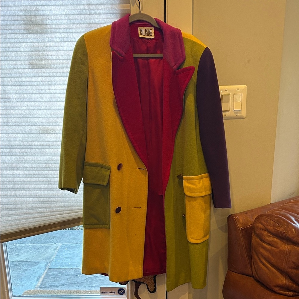 bill blass Multicolor Wool Colorblock Pea Coat - Red, Green, Yellow, Purple